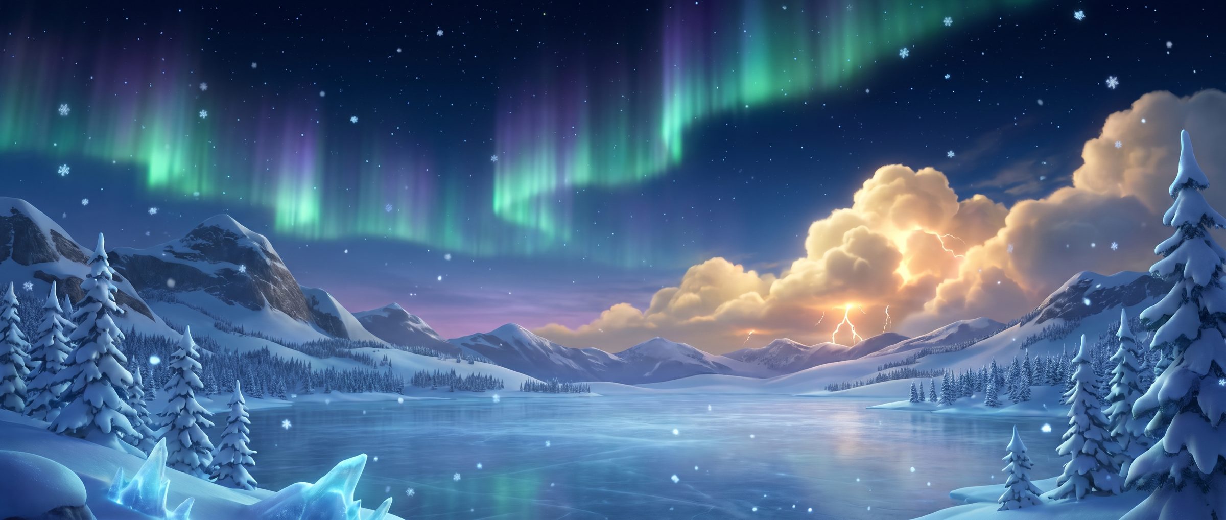 Skye, Thunder and Flurry floating over a frozen lake under the northern lights